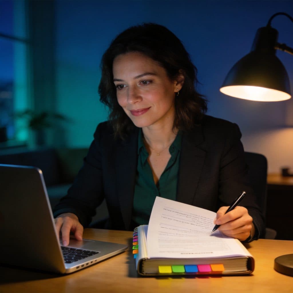 A candidate studying for a licensing exam at a desk with a laptop and a study guide